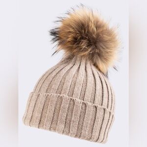 Not branded Cozy Ribbed Knit Beanie with real Fur Pom Pom wool and acrylic
